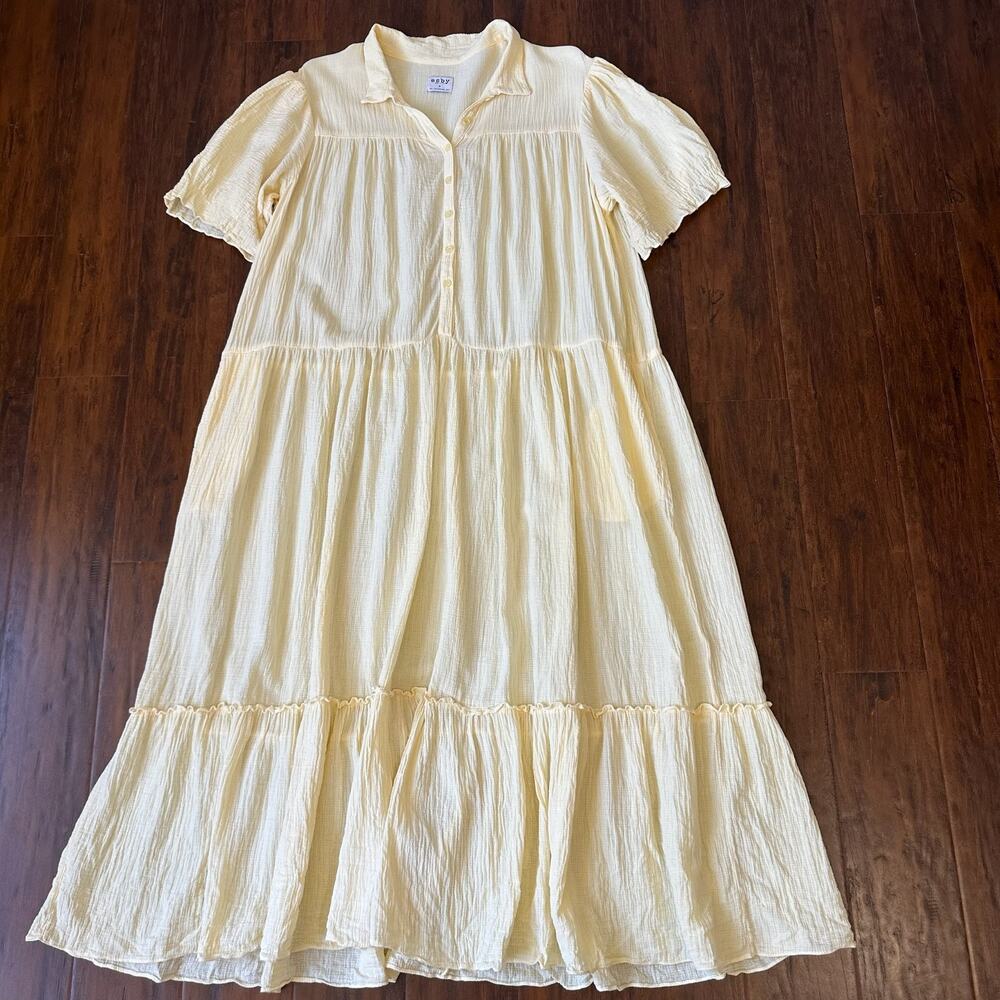 ESBY Pippa Shirt Dress Pastel Yellow Sheer Seersucker Tiered Swing Flowy